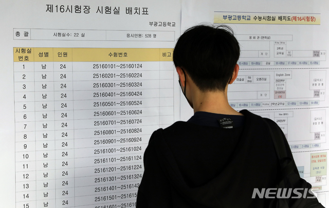 [인천=뉴시스] 이종철 기자 = 2021학년도 대학수학능력고사 예비소집일인 2일 오전 인천시 부평구 부광고등학교에서 수험생들이 시험장 배치표를 보고 있다. 2020.12.02. jc4321@newsis.com