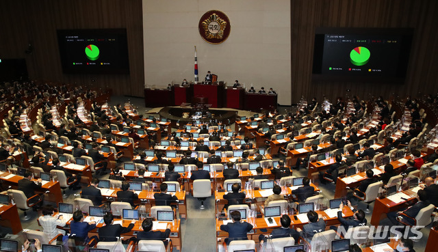 [서울=뉴시스] 전진환 기자 = 2일 오후 서울 여의도 국회에서 열린 본회의에서 2021년도 예산안이 가결되고 있다. (공동취재사진) 2020.12.02. photo@newsis.com