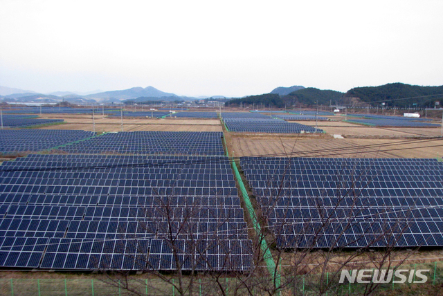 [영암=뉴시스] 박상수 기자 = 3일 전남 영암군 삼호읍 일대 농지에 설치된 태양광발전시설. 2020.12.03. parkss@newsis.com