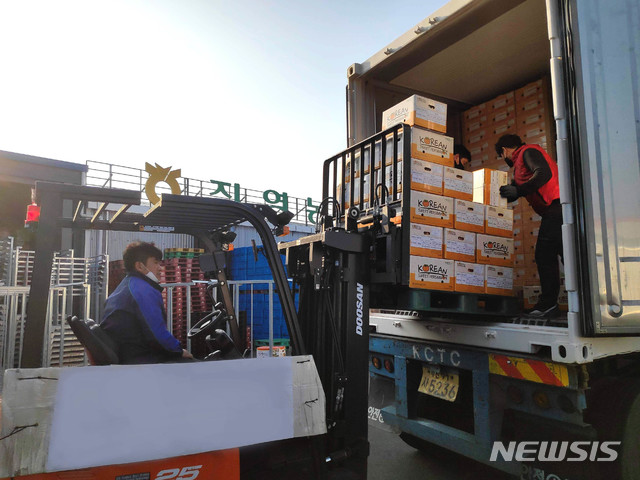 [서울=뉴시스] 박민석 기자 = 전국 8개 지역농협이 생산한 8개 품목의 농산물을 러시아로 수출. (사진=농협 제공) 2020.12.08. photo@newsis.com