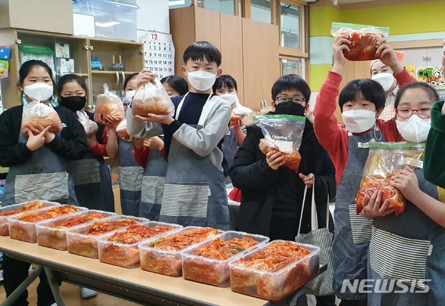  [안동=뉴시스] 김진호 기자 = 안동 송현초등학교 학생들이 지역의 홀로 어른신들께 전달할 김장을 담그고 있다. (사진=송현초등학교 제공) 2020.12.09 photo@newsis.com