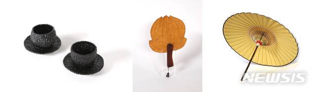 [전주=뉴시스]윤난슬 기자 = 왼쪽부터 김선애 지승옻칠잔, 방화선 곡두선, 윤규상 지우산.(사진=한국전통문화전당 제공) 