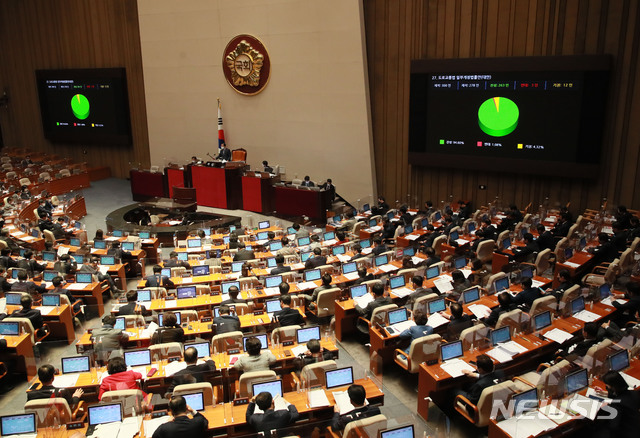 [서울=뉴시스] 김진아 기자 = 9일 오후 서울 여의도 국회에서 열린 본회의에서 도로교통법 일부개정법률안이 통과되고 있다. (공동취재사진) 2020.12.09. photo@newsis.com