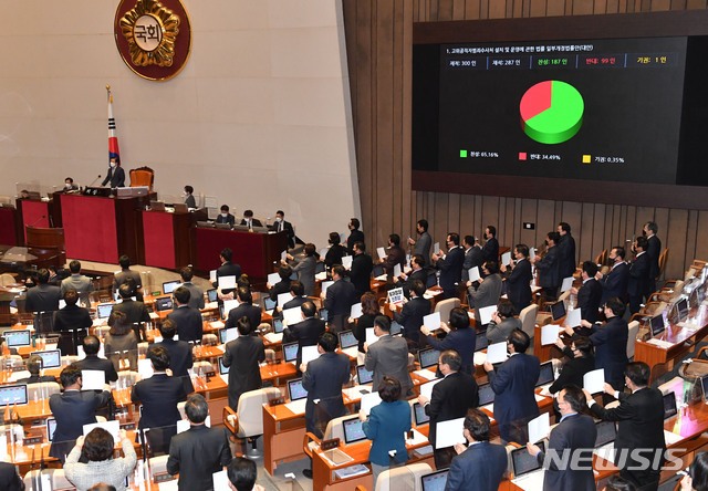 [서울=뉴시스] 김진아 기자 = 10일 오후 서울 여의도 국회에서 열린 본회의에서 고위공직자범죄수사처(공수처) 설치 및 운영에 관한 일부개정법률안이 통과되자 국민의힘 의원들이 자리에서 일어나 피켓을 들고 구호를 외치고 있다. (공동취재사진) 2020.12.10. photo@newsis.com