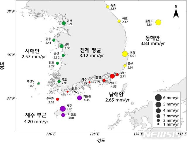 [서울=뉴시스] 최근 30년 및 10년 해수면 상승률 분포도. (제공 = 해수부)