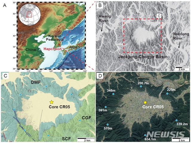 적중-초계분지 위치(A~B)와 시추 지점(C~D)