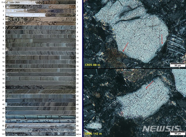 적중-초계분지 시추코어 (왼쪽)와 운석충돌 시 발생하는 강력한 충격파의 영향으로 만들어지는 석영 내 평면 변형구조. 평행하게 길게 늘어선 흰색 선들이 확인된다.
