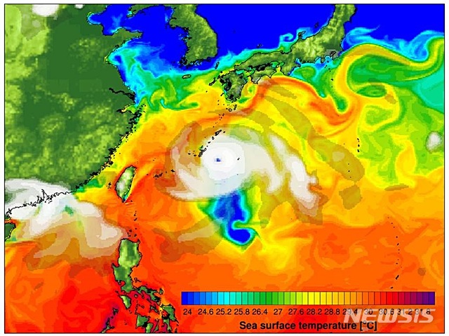 [대전=뉴시스] 열대저기압에 동반된 강한 바람에 의해 발생하는 해수 냉각효과. 슈퍼컴퓨터 알레프와 초고해상도 기후모형을 통해 시뮬레이션 된 한반도로 접근하는 태풍의 강수량(흰색) 및 해수면온도(파란색-빨간색).