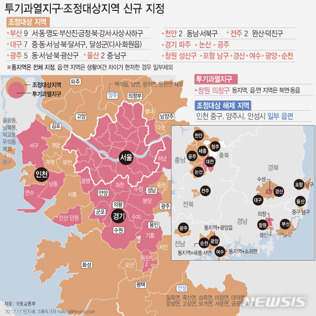 [서울=뉴시스] 정부가 최근 부동산 가격불안이 지속되고 있는 부산 9곳, 대구 7곳, 울산 2곳, 경기 파주 등 총 36개 지역을 조정대상지역으로 신규 지정했다. 인천 중구·양주시·안성시 일부 읍면은 조정대상지역에서 해제했다. (그래픽=안지혜 기자) hokma@newsis.com