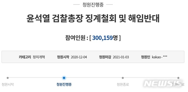 [서울=뉴시스] 20일 청와대 국민청원 게시판에 올라온 '윤석열 검찰총장 징계철회 및 해임반대'라는 청원글이 30만명을 넘어섰다. 2020.12.20. (사진=청와대 국민청원 게시판 캡처)