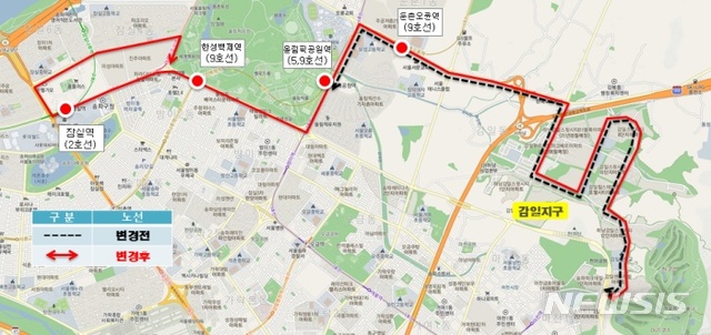 하남시 감일지구 시내버스 35번 잠실역까지 연장운행 노선도.