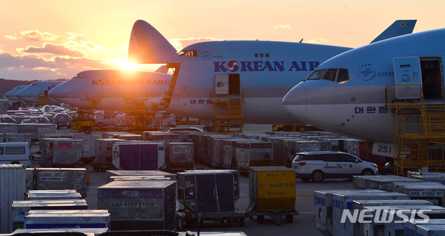 [인천공항=뉴시스] 배훈식 기자 = 지난해 12월16일 오후 대한항공 화물기들이 인천공항 화물터미널에서 수출입 화물 선적과 하선을 위해 대기하고 있다. (공동취재사진) 2021.01.19. photo@newsis.com 