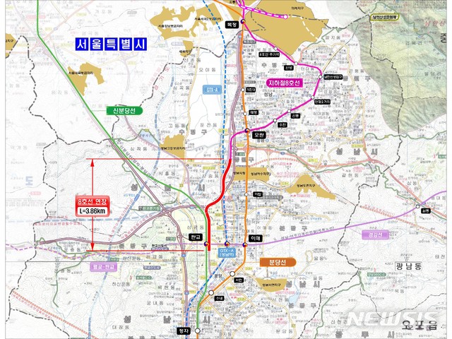 [성남=뉴시스] 지하철 8호선 판교연장 위치도. (사진=뉴시스 DB). photo@newsis.com