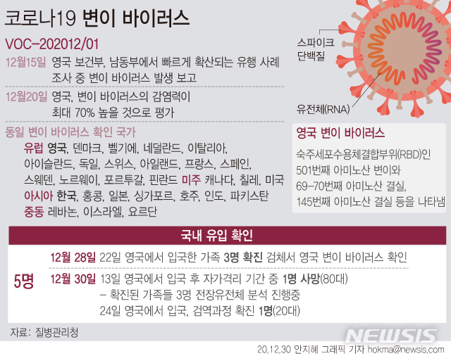 [서울=뉴시스] 영국에서 발견된 코로나19 변이 바이러스에 감염된 국내 확진자가 2명 추가로 발생했다. 방역당국은 영국 입국자가 확진되면 전장 유전체 검사를 실시해 변이 여부를 파악하고 있다. (그래픽=안지혜 기자)  hokma@newsis.com