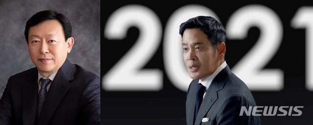 [서울=뉴시스] 신동빈 롯데그룹 회장(왼쪽)과 정용진 신세계그룹 부회장. 