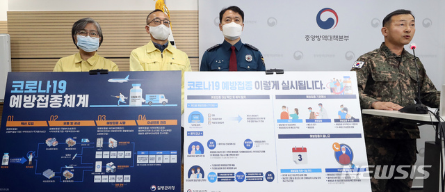 [청주=뉴시스]강종민 기자 = 정은경 중앙방역대책본부장(질병관리청장)과 최복수 행안부 재난관리실장, 박주경 국방부 백신수송지원본부장, 이기일 복지부 보건의료정책실장, 김상봉 식약처 바이오생약국장, 경찰청 송민헌 차장 등이 28일 오후 충북 청주 질병관리청에서 신종 코로나바이러스 감염증(코로나19) 백신 접종 세부 시행계획 등을 발표하고 있다. 2021.01.28.&nbsp; ppkjm@newsis.com