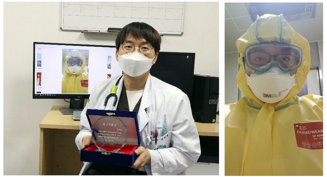 [서울=뉴시스] 이대목동병원 여한솔 전공의(왼쪽), 최고작품상 '코로나는 최전선에서 극복합시다'.(사진=삼진제약 제공)