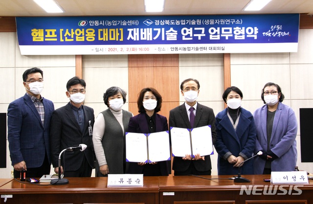 안동시농업기술센터 대회의실에서 '헴프(산업용 대마) 재배기술 연구 업무협약식'이 열리고 있다 (사진=안동시 제공)