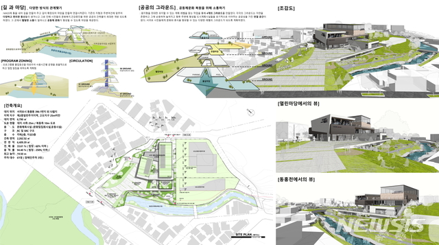 [제주=뉴시스] 서귀포 시민 문화·체육복합센터를 여러 위치에서 바라본 설계도.(제주도 제공)