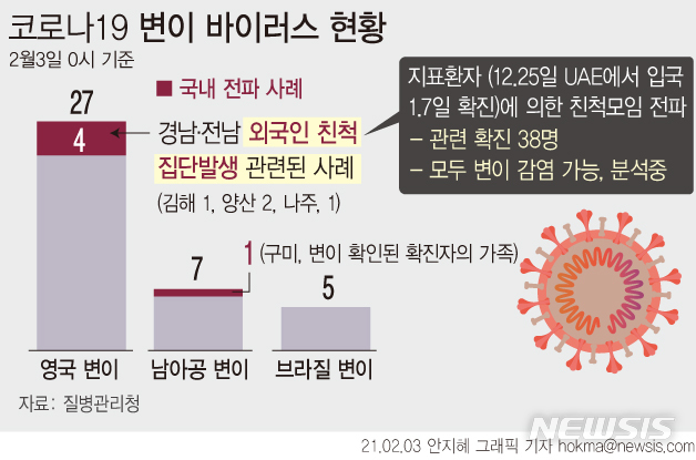 [서울=뉴시스]질병관리청이 1일 이후 확진자 27명을 분석한 결과 이중 5명으로부터 변이가 확인됐다. 4명은 영국발 변이, 1명은 남아프리카공화국발 변이다. 영국 변이 4명은 모두 경남·전남 외국인 친척 집단발생과 관련된 사례로 조사됐다.  (그래픽=안지혜 기자)  hokma@newsis.com