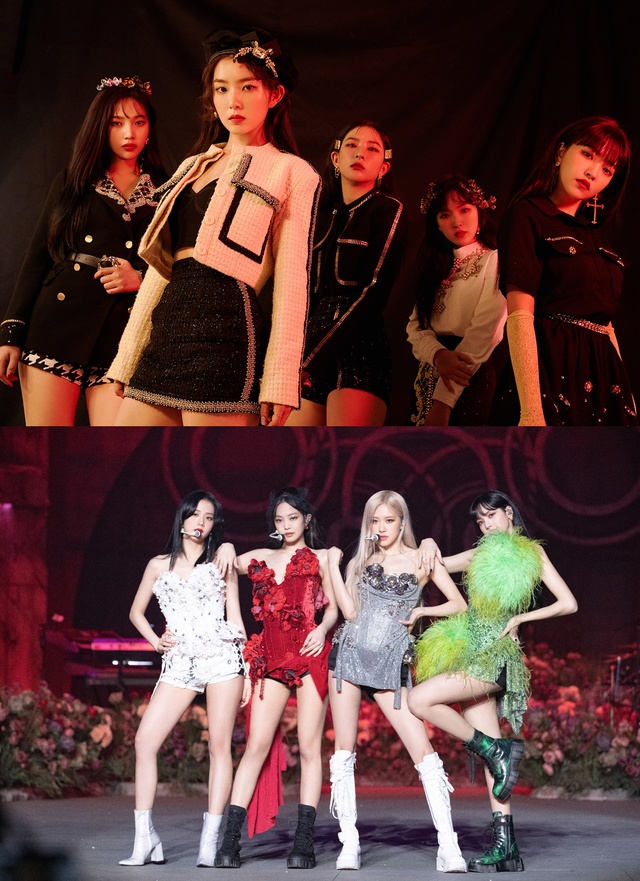 [서울=뉴시스] 레드벨벳(위), 블랙핑크(아래). 최지선 평론가는 두 가지 상반된 이미지를 혼합한 그룹명을 택한 레드벨벳과 블랙핑크에 대해 "복합적이고 대조적인 이미지와 음악을 창출하려 시도한다"고 읽는다. 2021.02.04. (사진 = SM, YG 제공) photo@newsis.com 