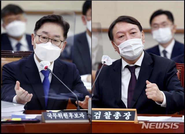 [서울=뉴시스]박범계 법무부 장관과 윤석열 검찰총장. 사진은 박 장관이 지난 1월25일 서울 여의도 국회 법제사법위원회에서 열린 인사청문회에서 질의에 답변하는 모습과 윤 총장이 지난해 10월22일 서울 여의도 국회에서 열린 법제사법위원회의 대검찰청에 대한 국정감사에서 의원의 질의에 답변하는 모습. (자료=뉴시스DB). 