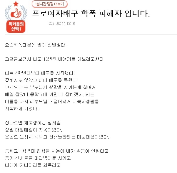 여자 프로배구 선수에게 학교폭력을 당했다는 내용의 글이 포털사이트에 게시됐다. (사진=네이트 캡처) *재판매 및 DB 금지