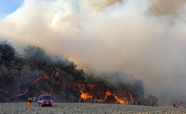 [영주=뉴시스] 김진호 기자 = 영주시 장수면 갈산리 야산에서 산불이 발생해 불길이 치솟고 있다. (사진=영주소방서 제공) 2021.02.21 photo@newsis.com 