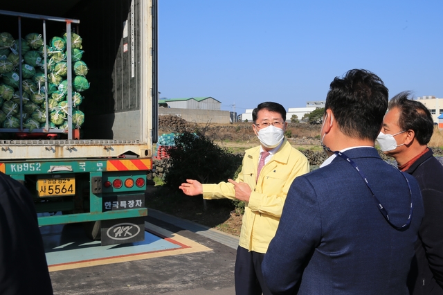 [제주=뉴시스]안동우 제주시장이 22일 오전 제주시 애월농협 농산물 유통지원센터를 방문해 관계자와 러시아로 수출되는 제주산 양배추에 대해 이야기를 나누고 있다. (사진=제주시 제공) 2021.02.22. photo@newsis.com *재판매 및 DB 금지
