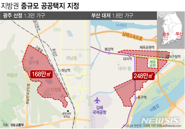 [서울=뉴시스] 정부가 2·4공급대책 발표 당시 예고했던 신규 공공택지 1차 입지로 광명 시흥, 부산 대저, 광주 산정 등 3곳을 확정했다. 부산대저 지구에 1만8000가구, 광주산정 지구에 1만3000가구 등을 공급한다. (그래픽=전진우 기자) 618tue@newsis.com