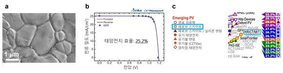 [대전=뉴시스] 그림 (a)는 첨가물과 표면처리 공정으로 합성된 페로브스카이트 박막, (b)는 특성이 향상된 페로브스카이트 박막으로 제작한 페로브스카이트 태양전지 효율, (c)는 NREL 효율 차트에 기록된 25.2% 인증 효율. *재판매 및 DB 금지