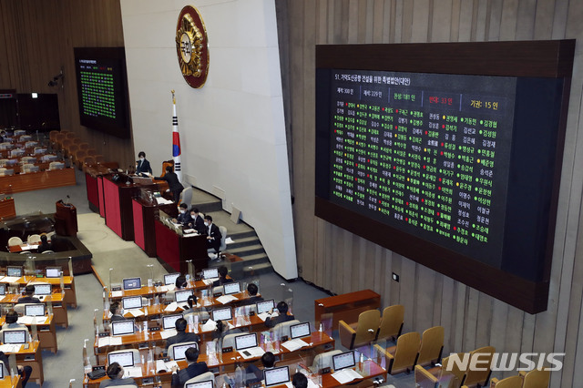 [서울=뉴시스]최동준 기자 = 26일 서울 여의도 국회 본회의에서 가덕도신공항 건설을 위한 특별법안(대안) 가결되고 있다. photocdj@newsis.com