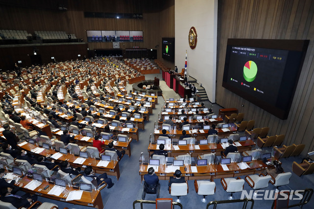 [서울=뉴시스]최동준 기자 = 김상희 국회부의장이 26일 서울 여의도 국회 본회의에서 가덕도신공항 건설을 위한 특별법안(대안) 가결을 선포하고 있다. photocdj@newsis.com