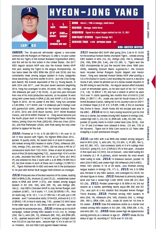 텍사스 레인저스 구단이 미디어가이드에서 양현종을 자세히 소개했다. (사진=텍사스 미디어가이드 캡처) *재판매 및 DB 금지