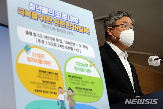 [서울=뉴시스]김명원 기자 = 이재갑 고용노동부 장관이 3일 오전 서울 종로구 정부서울청사에서 코로나19 고용 쇼크를 겪는 청년과 여성의 일자리 창출 지원 방안이 담긴 '청년고용 활성화 대책'을 발표하고 있다. (공동취재사진) 2021.03.03. photo@newsis.com