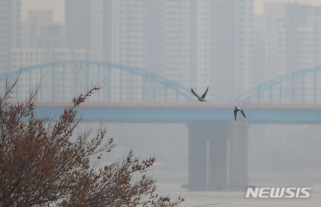 [서울=뉴시스]고승민 기자 = 서울을 비롯한 수도권 지역 미세먼지와 초미세먼지가 '나쁨' 수준을 보인 12일 서울 이촌한강공원 인근 대기가 흐리다. 2021.03.12. kkssmm99@newsis.com