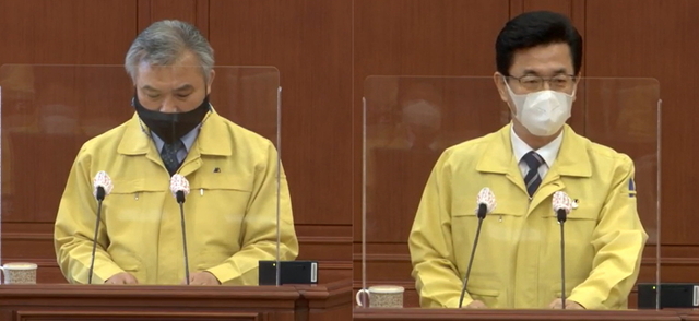 [대전=뉴시스]조명휘 기자 = 정기현(더불어민주당·유성구3) 대전시의원과 허태정(오른쪽) 대전시장이 24일 제257회 제3차 본회의에서 시정에 대해 질의응답을 하고 있다. 2021.03.24. photo@newsis.com *재판매 및 DB 금지