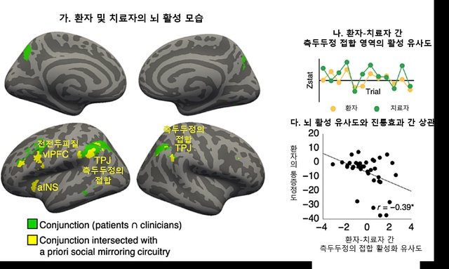 [대전=뉴시스] 환자 및 치료자 간 측두두정의 접합 영역 활성 유사도과 진통의 상관성. *재판매 및 DB 금지