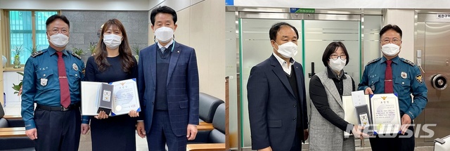 [대구=뉴시스] 이지연 기자 = 대구 서부경찰서가 비산새마을금고(왼쪽)와 서대구농협 비산지점에 표창장을 전달했다. (사진=서부경찰서 제공) 2021.03.25. photo@newsis.com