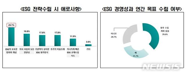 [서울=뉴시스] ESG 전략 수립시 애로사항 및 연간 목표 수립 여부.(그래픽=전국경제인연합회 제공) 2021.4.5 photo@newsis.com