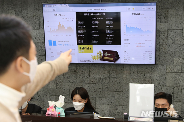 [서울=뉴시스]이윤청 기자 = 5일 서울 종로구 한국금거래소 종로본점에서 한 직원이 금 시세를 살펴보고 있다. 지난해 급등세를 보였던 국제 금값은 올해 1분기에 9.5% 하락해 2016년 이후 최대 분기 낙폭을 기록했다. 2021.04.05. radiohead@newsis.com