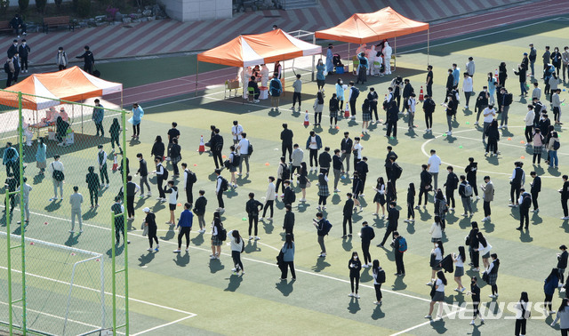 [대구=뉴시스] 이무열 기자 = 대구 수성구의 한 고등학교에서 코로나19 확진자가 발생한 지난 6일 학생들이 진단검사를 받기 위해 운동장에 줄지어 차례를 기다리고 있다. 2021.04.06. lmy@newsis.com