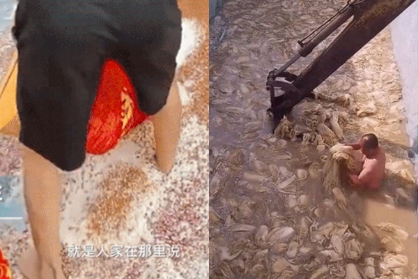 [서울=뉴시스] 중국 광둥성 잡곡가게에서 팥과 쌀, 옥수수 등을 맨발로 섞는 모습(왼쪽), 중국에서 알몸의 남성이 배추 절이는 장면. 2021.04.27. (사진=유튜브, 웨이보 캡처) photo@newsis.com