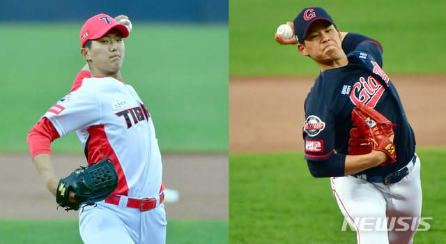 [광주=뉴시스]류형근 기자 = 15일 오후 광주 북구 광주-기아챔피언스필드에서 열린 2021프로야구 KIA 타이거즈 대 롯데 자이언츠의 경기, 올시즌 신인왕 후보 KIA 이의리와 롯데 김진욱이 선발 맞대결을 펼치고 있다. 2021.04.15. hgryu77@newsis.com