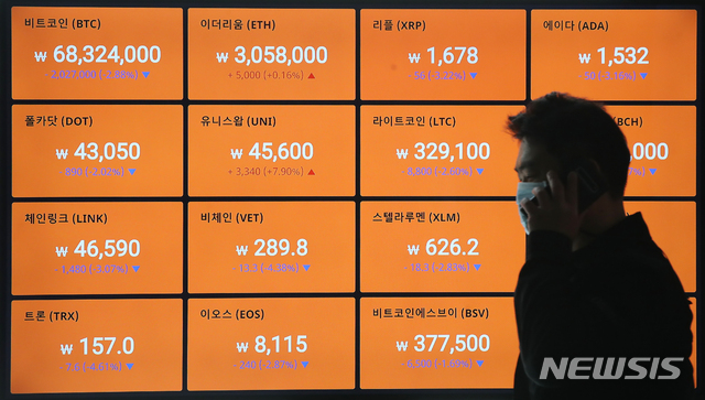 [서울=뉴시스]조수정 기자 =22일 오전  서울 강남구 암호화폐 거래소 빗썸 강남고객센터에서 전광판에 비트코인과 이더리움 등 거래가격이 표시되고 있다. 2021.04.22. chocrystal@newsis.com