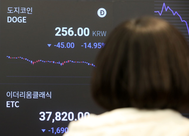 [서울=뉴시스]박주성 기자 = 서울 강남구 업비트 라운지에서 직원이 암호화폐 시세를 살피고 있다. 2021.04.23. park7691@newsis.com