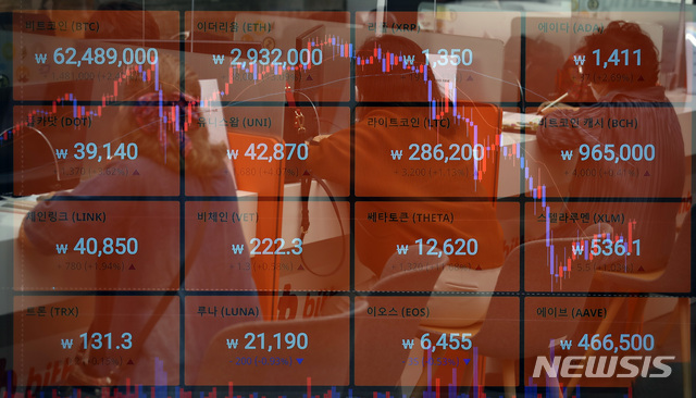 [서울=뉴시스]이영환 기자 = 국내 비트코인 거래가격이 6천만원대로 다시 반등한 26일 오후 서울 강남구 암호화폐 거래소 빗썸 강남 고객센터 전광판에 비트코인 등 암호화폐 가격이 표시되고 있다.(다중촬영) 2021.04.26. 20hwan@newsis.com