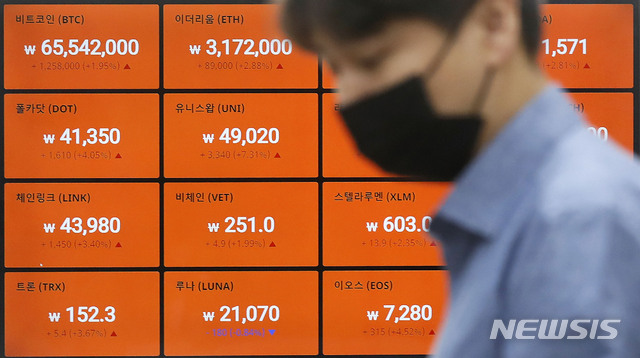 [서울=뉴시스]홍효식 기자 = 국내 비트코인 거래가격이 6500만원대로 회복한 28일 오전 서울 강남구 암호화폐 거래소 빗썸 강남 고객센터 전광판에 비트코인 등 암호화폐 시세가 표시돼 있다. 2021.04.28. yesphoto@newsis.com