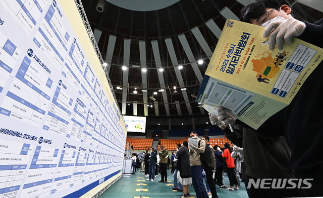 [수원=뉴시스]김종택기자 = 28일 오후 경기도 수원시 장안구 수원실내체육관에서 열린 '2021 수원시 일자리 박람회'에서 구직자들이 안내문을 살펴보고 있다. 2021.04.28. jtk@newsis.com