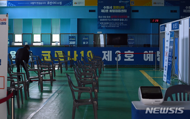 [수원=뉴시스]김종택기자 = 3일 오후 경기도 수원시 장안구 국민체육센터에 마련된 코로나19 예방접종센터가 코로나19 백신 공급 부족으로 임시 중단되어 있다. 2021.05.03.jtk@newsis.com